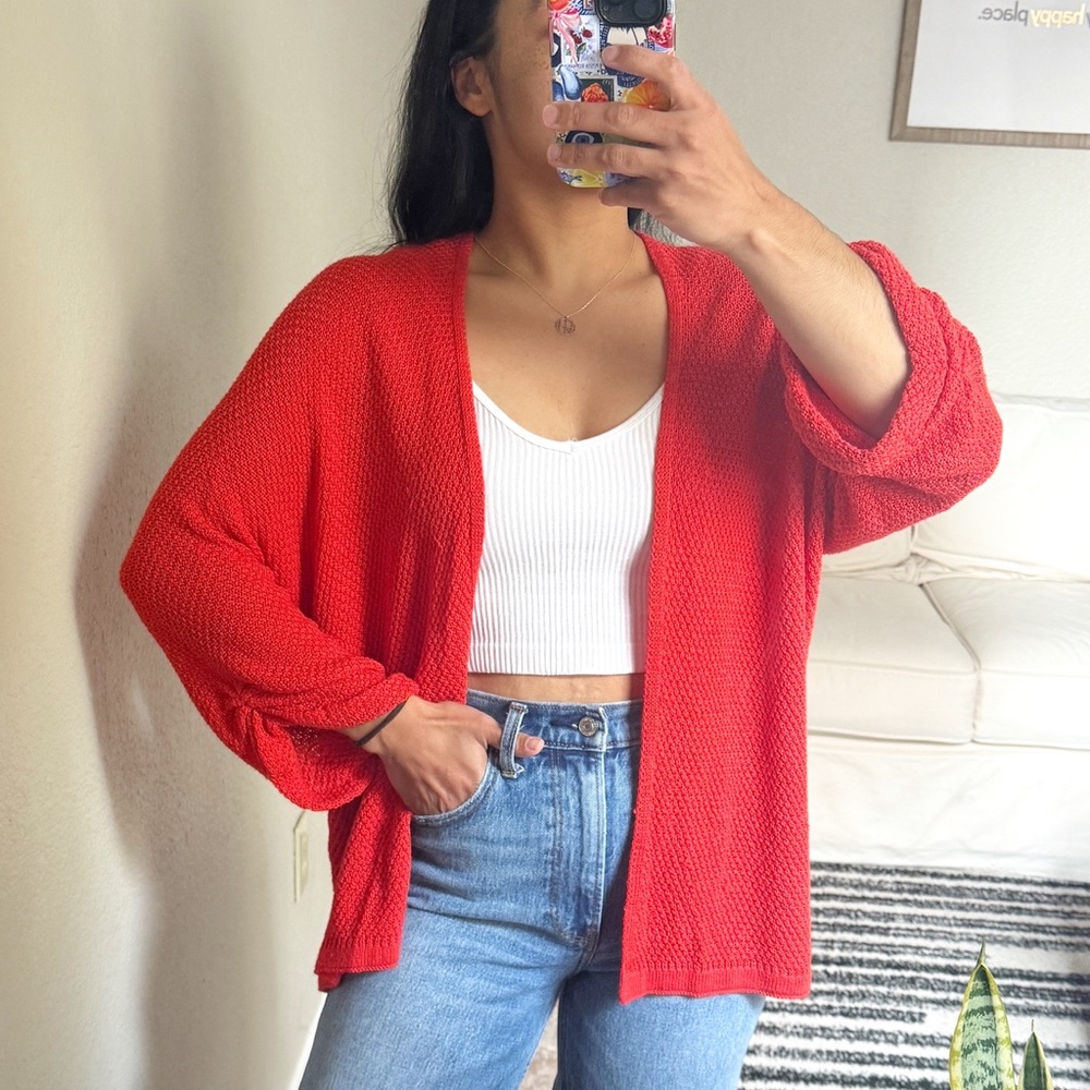 Red Women's Waffle Knit Cardigan
